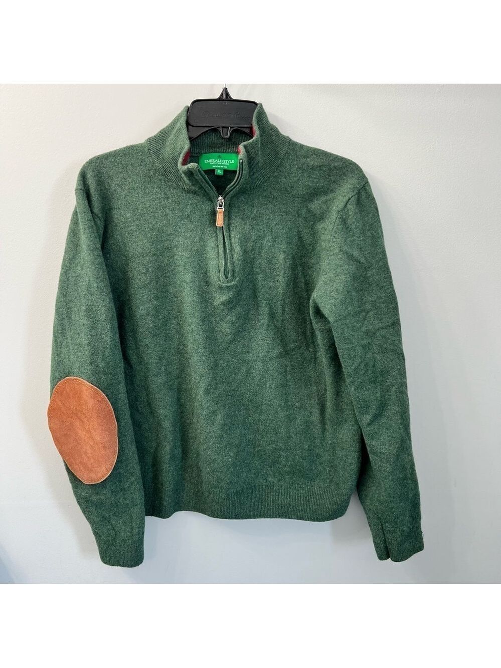 Emerald Style 100% New LambsWool Green Quarter Zip Tan Elbow Patches Extra Large